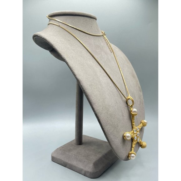 Vintage Signed CRAFT Seastar Necklace Starfish Gold Tone w Pearls & Rhinestones - Picture 10 of 15